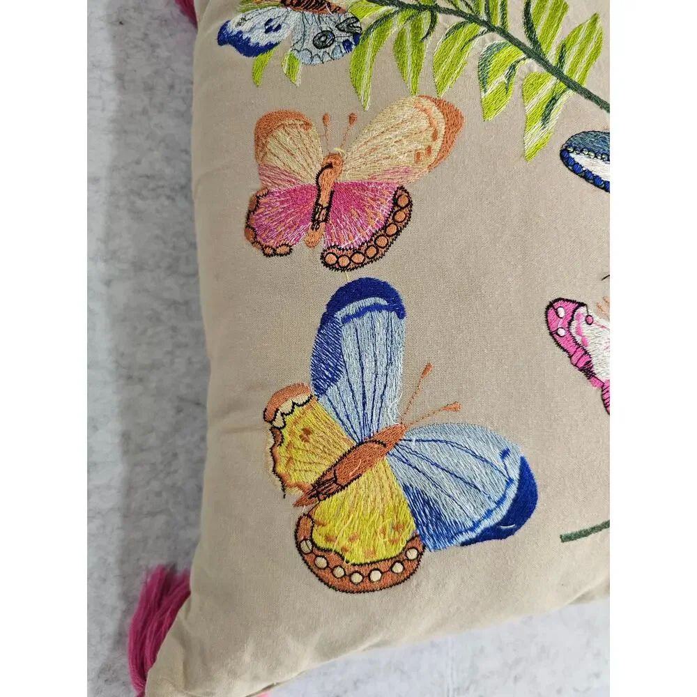 Magaschoni Home Embroidered Butterfly Throw Pillow, Pink Tassels, 18x18